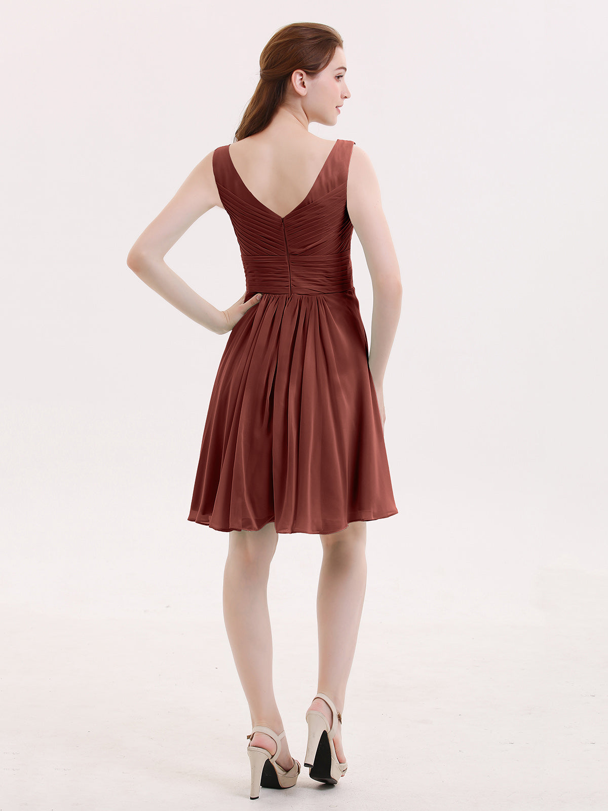 Shirley Escote En V Gasa Corto Vestidos De Dama De Honor Terracota