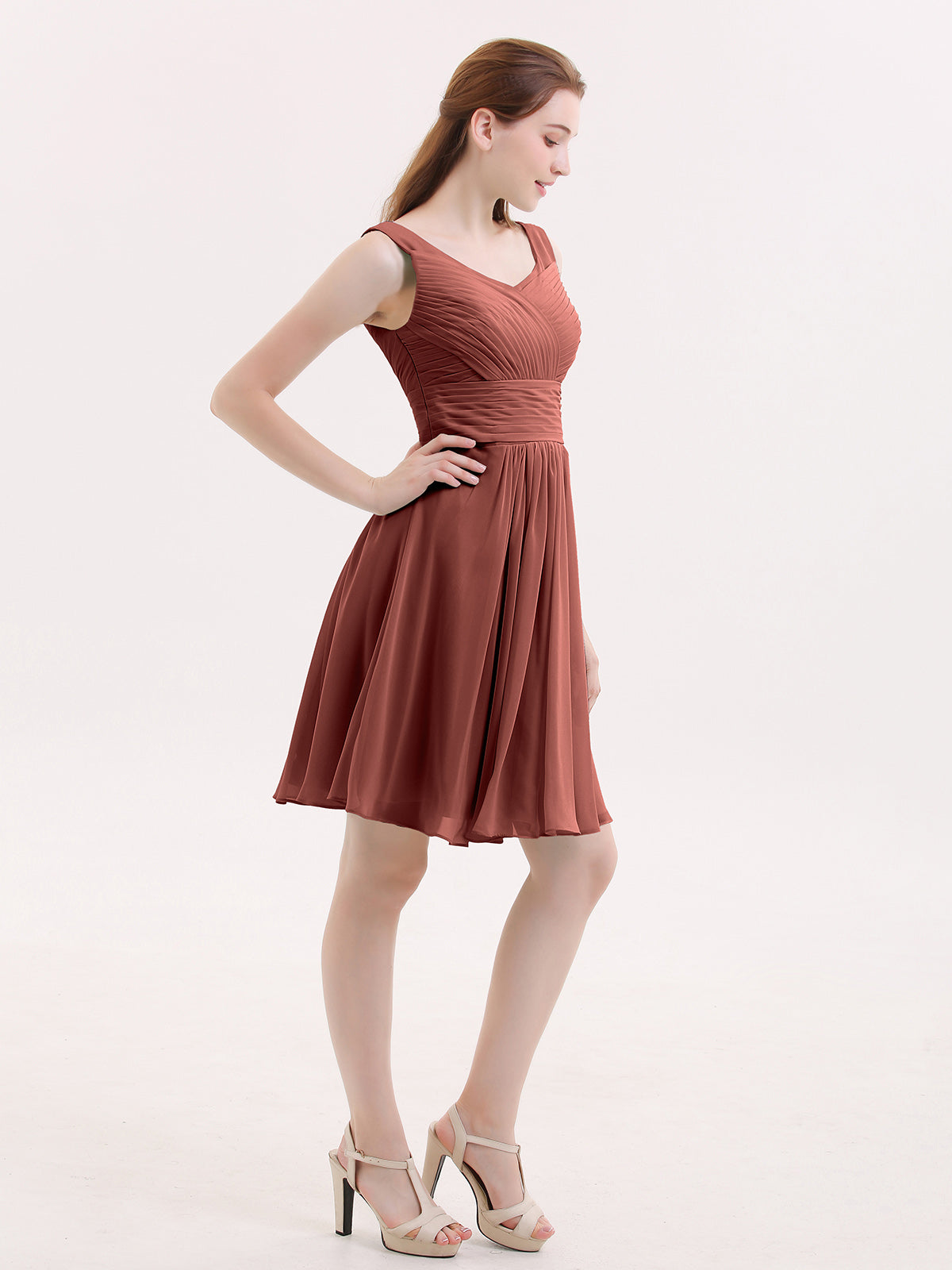 Shirley Escote En V Gasa Corto Vestidos De Dama De Honor Terracota