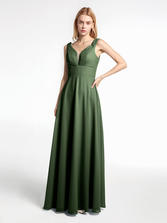 Vestido largo de chiffon sencillo con escote en forma de muesca Verde Oliva