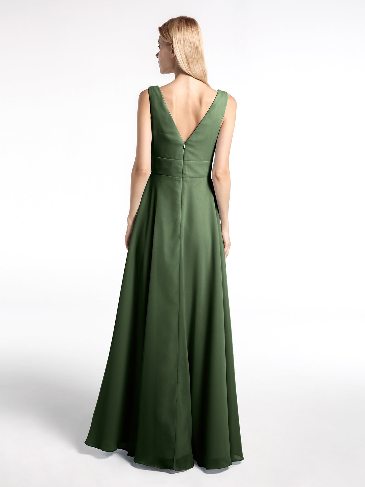 Vestido largo de chiffon sencillo con escote en forma de muesca Verde Oliva Tallas Grandes