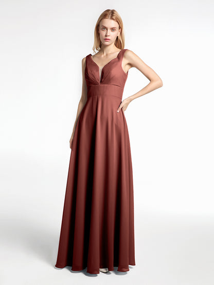 Vestido largo de chiffon sencillo con escote en forma de muesca Terracota