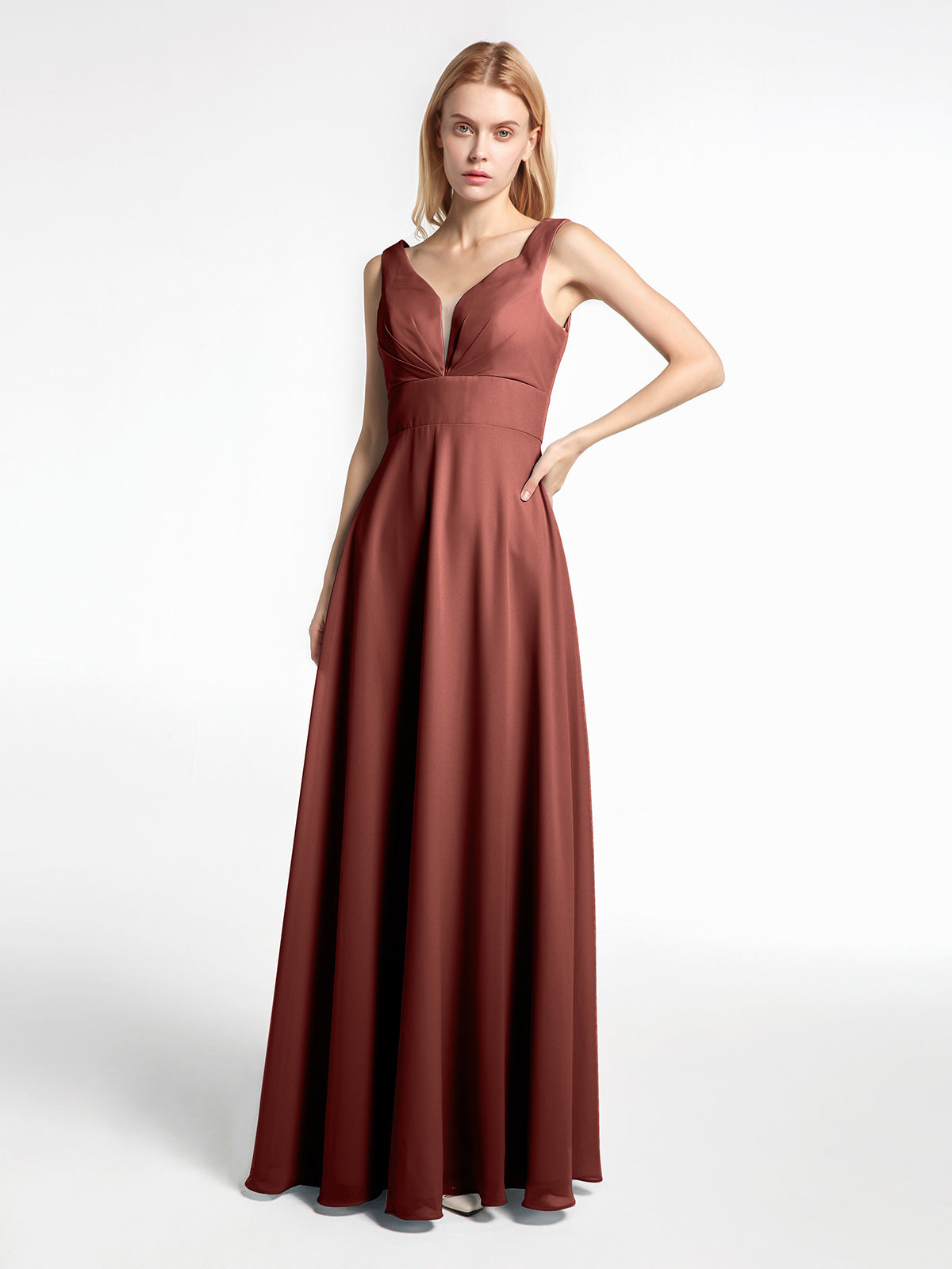 Vestido largo de chiffon sencillo con escote en forma de muesca Terracota Tallas Grandes