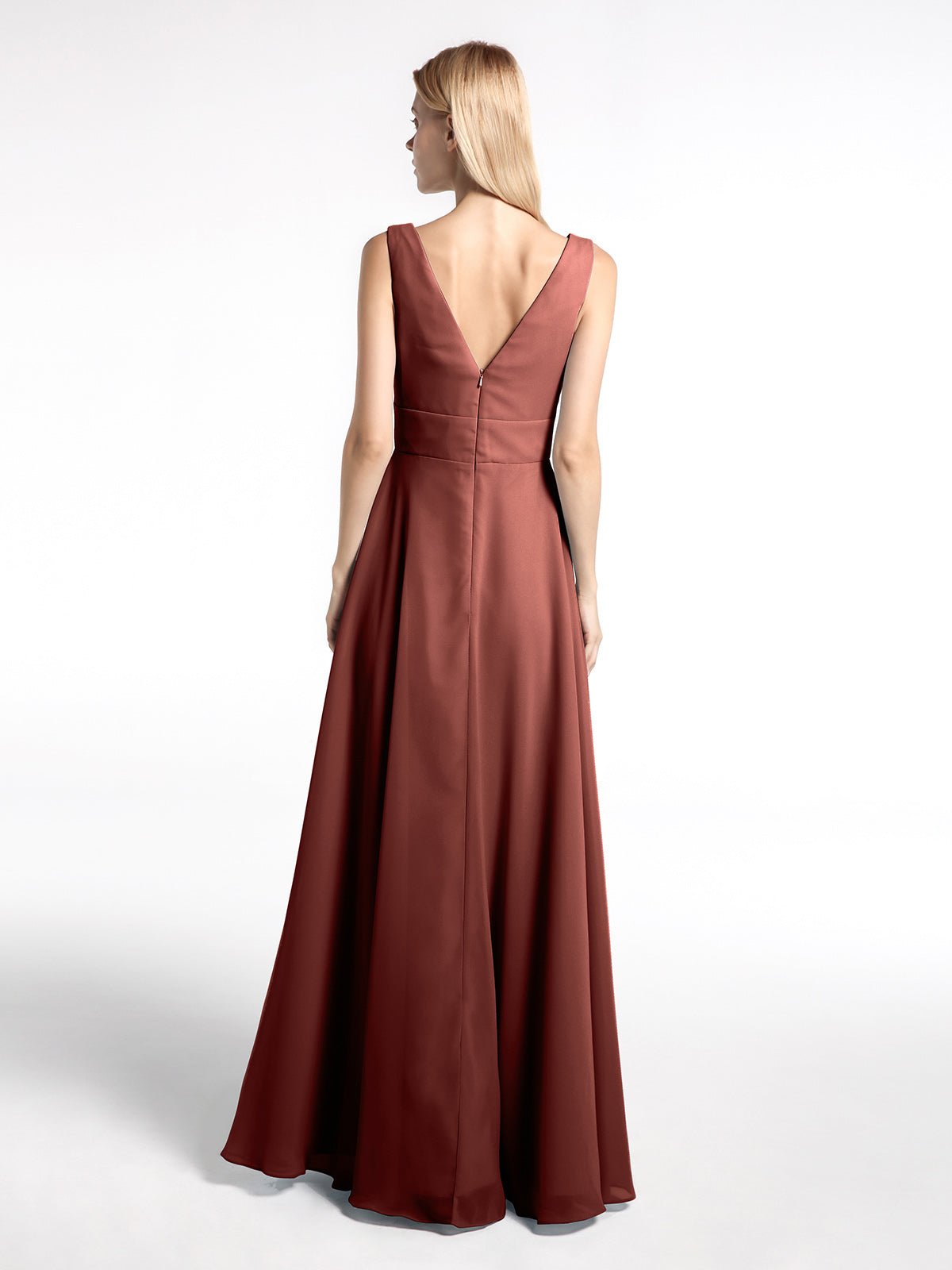 Vestido largo de chiffon sencillo con escote en forma de muesca Terracota