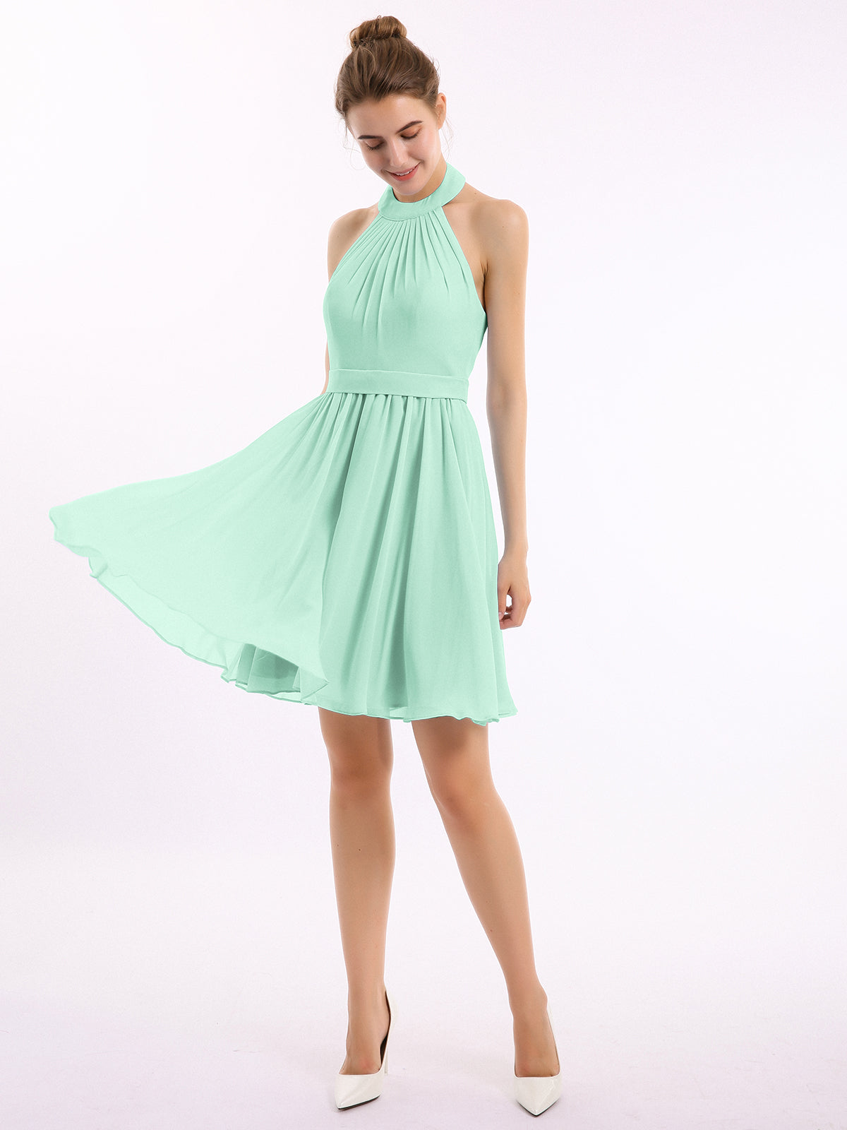 Verde Musgo Vestido Mini Verde Vestidos Cortos De Dama De Honor De Chiffon Estilo Halter Verde