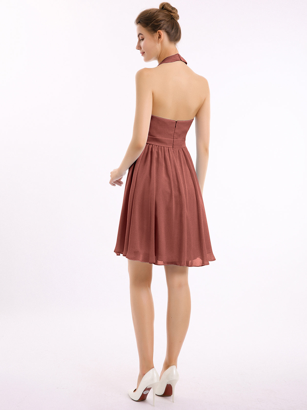 Vestidos cortos de dama de honor de chiffon estilo halter Terracota
