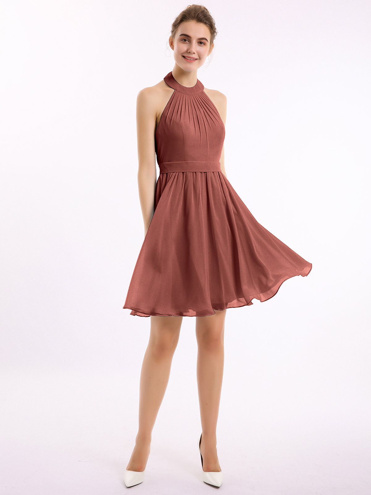Vestidos cortos de dama de honor de chiffon estilo halter Terracota Tallas Grandes