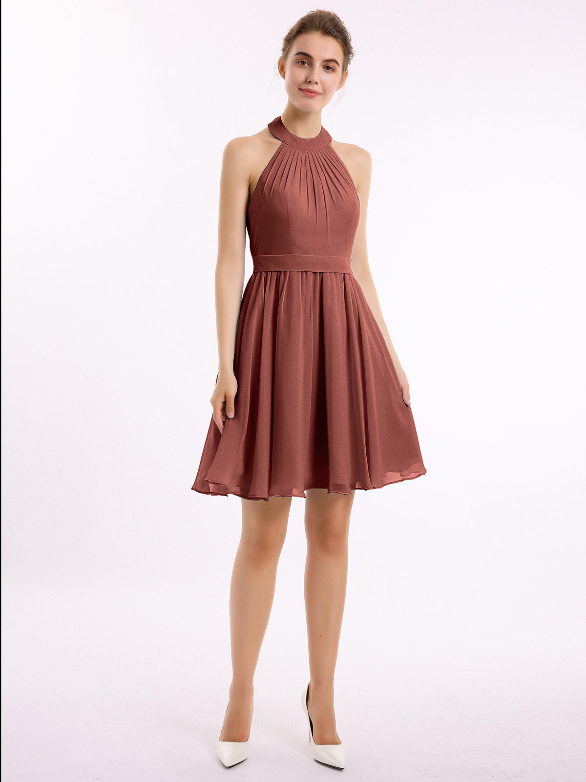 Vestidos cortos de dama de honor de chiffon estilo halter Terracota