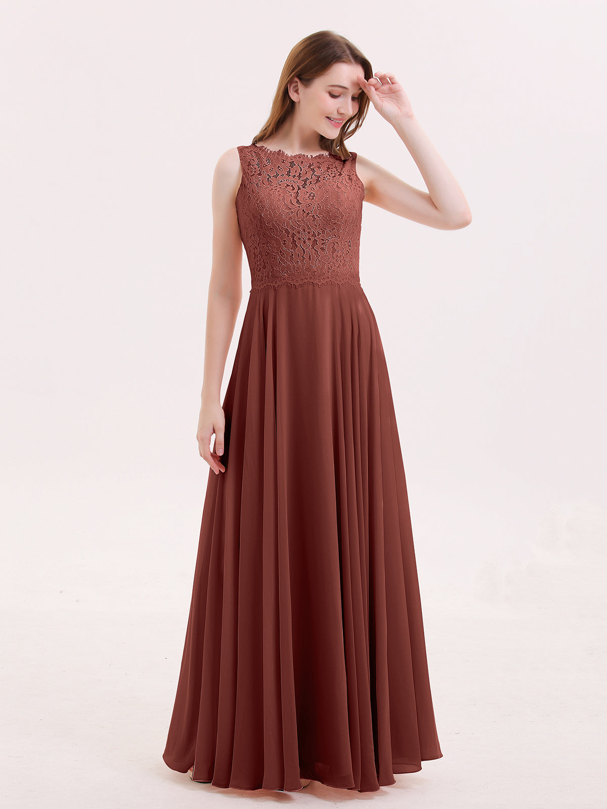Tabitha Encaje Corpino Gasa Falda Largo Vestido Terracota