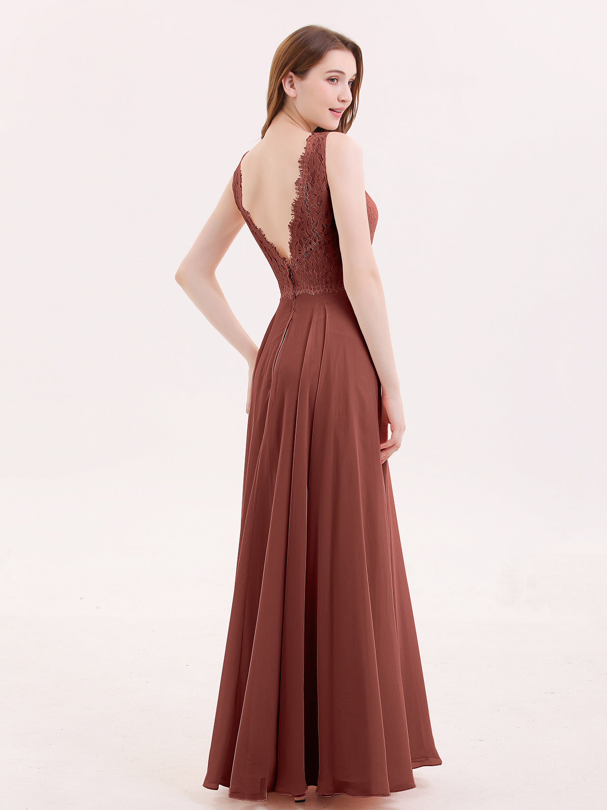 Tabitha Encaje Corpino Gasa Falda Largo Vestido Terracota
