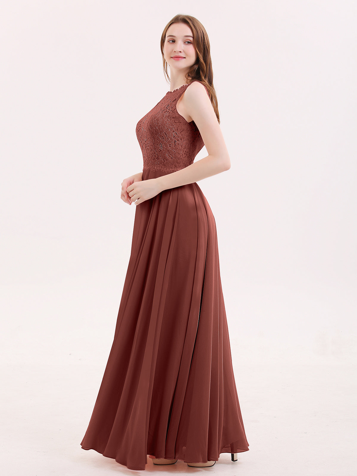 Tabitha Encaje Corpino Gasa Falda Largo Vestido Terracota