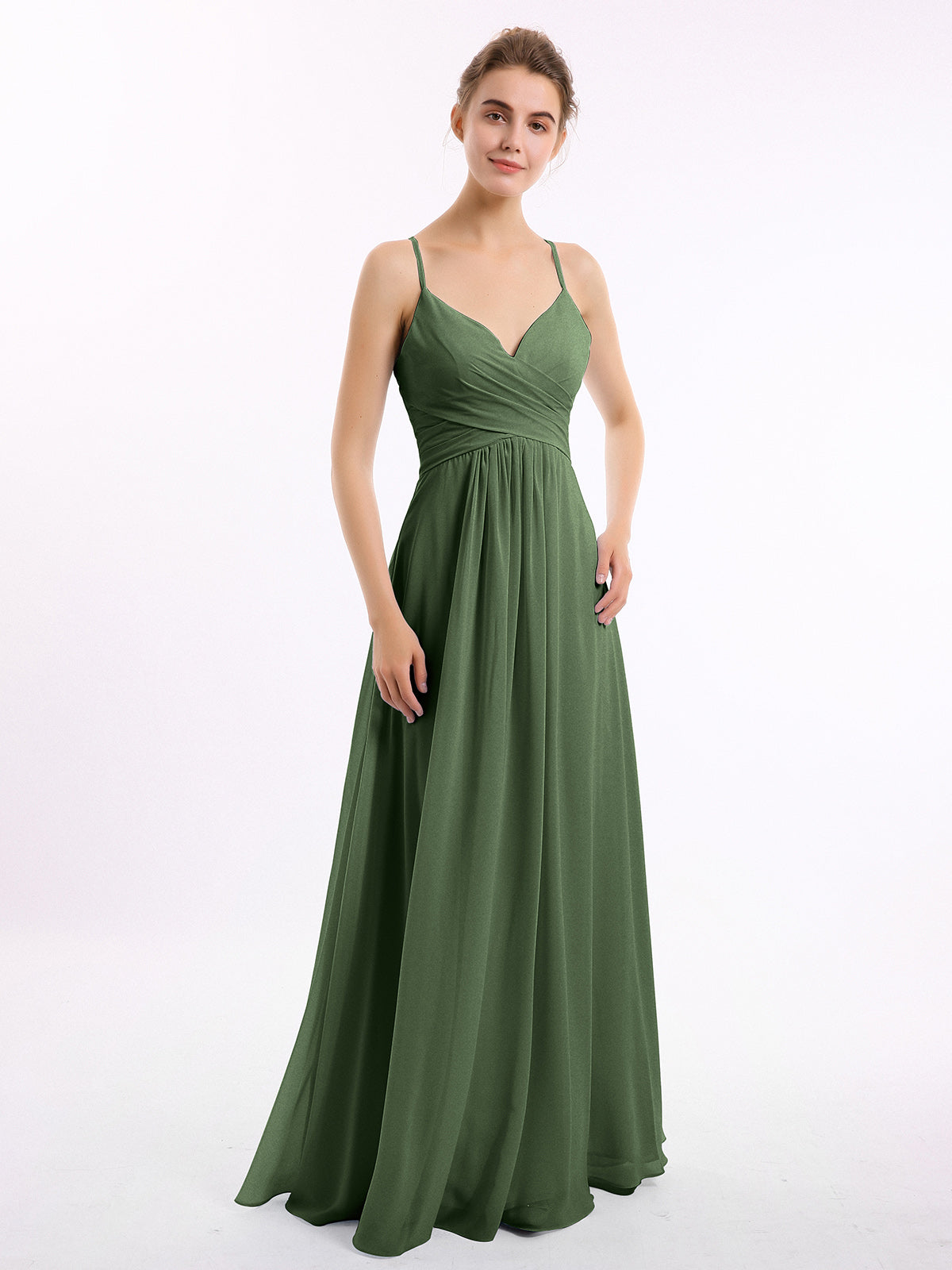Vestidos de chiffon con tirantes finos y escote en V Verde Oliva Tallas Grandes