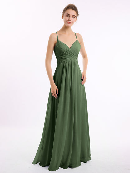 Vestidos de chiffon con tirantes finos y escote en V Verde Oliva Tallas Grandes