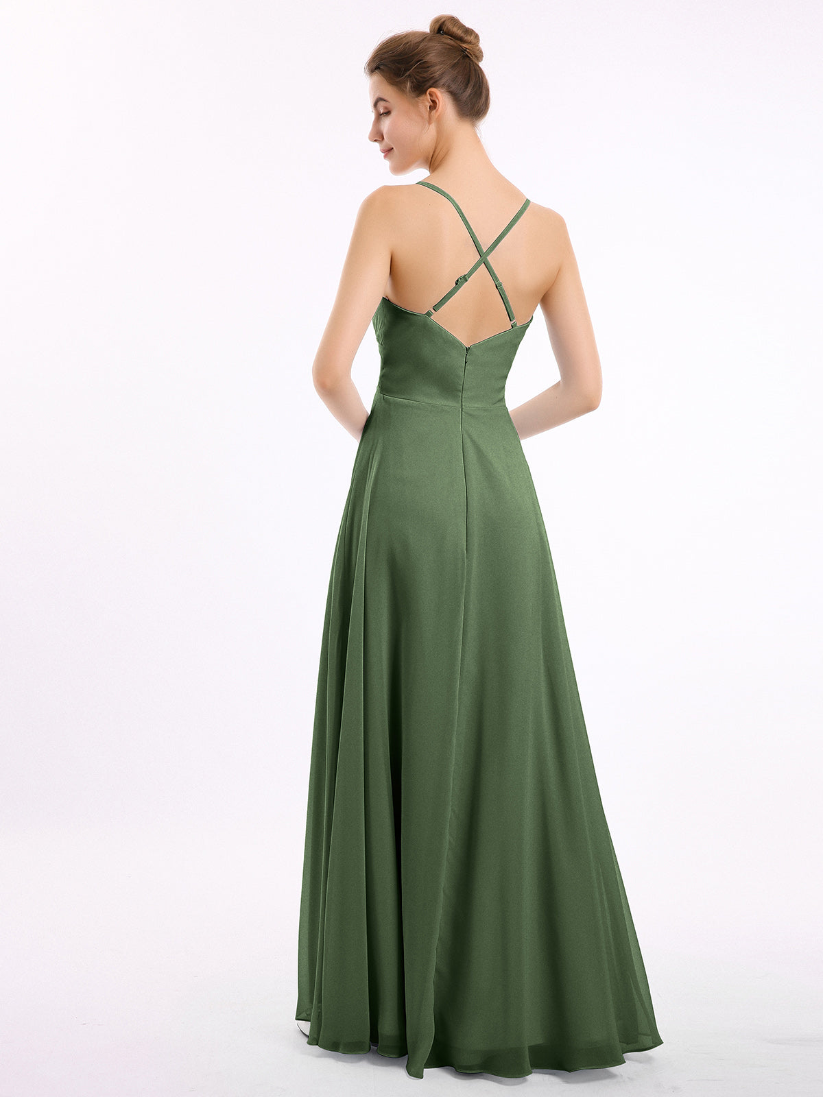 Vestidos de chiffon con tirantes finos y escote en V Verde Oliva Tallas Grandes