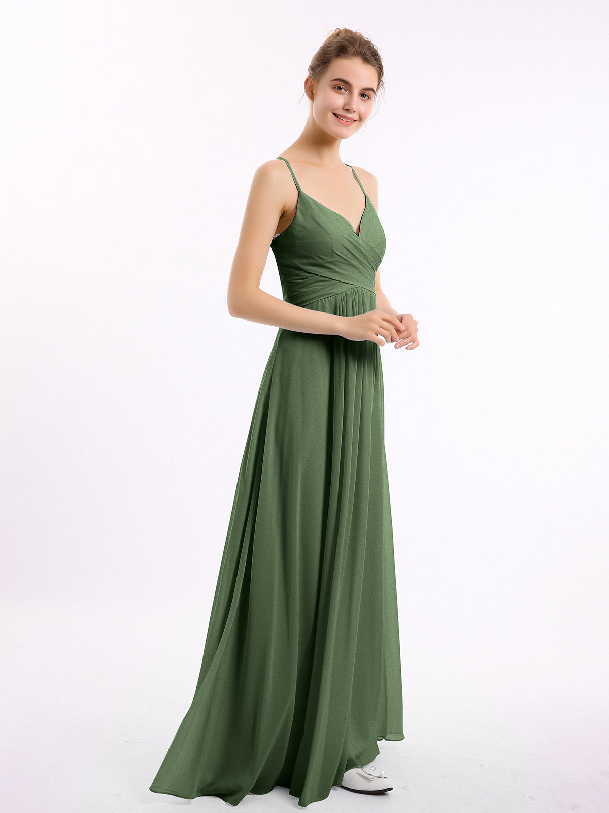 Vestidos de chiffon con tirantes finos y escote en V Verde Oliva Tallas Grandes