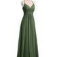 Vestidos de chiffon con tirantes finos y escote en V Verde Oliva Tallas Grandes