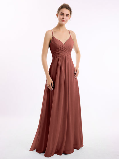 Vestidos de chiffon con tirantes finos y escote en V Terracota