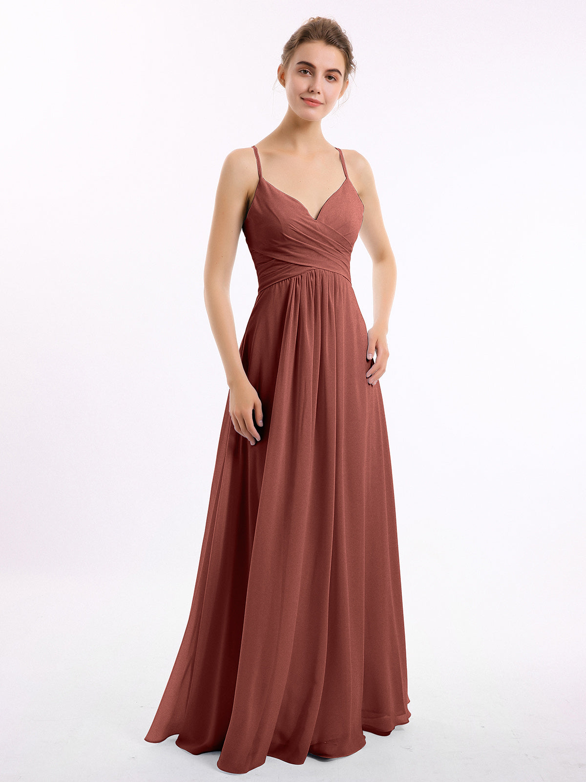 Vestidos de chiffon con tirantes finos y escote en V Terracota Tallas Grandes