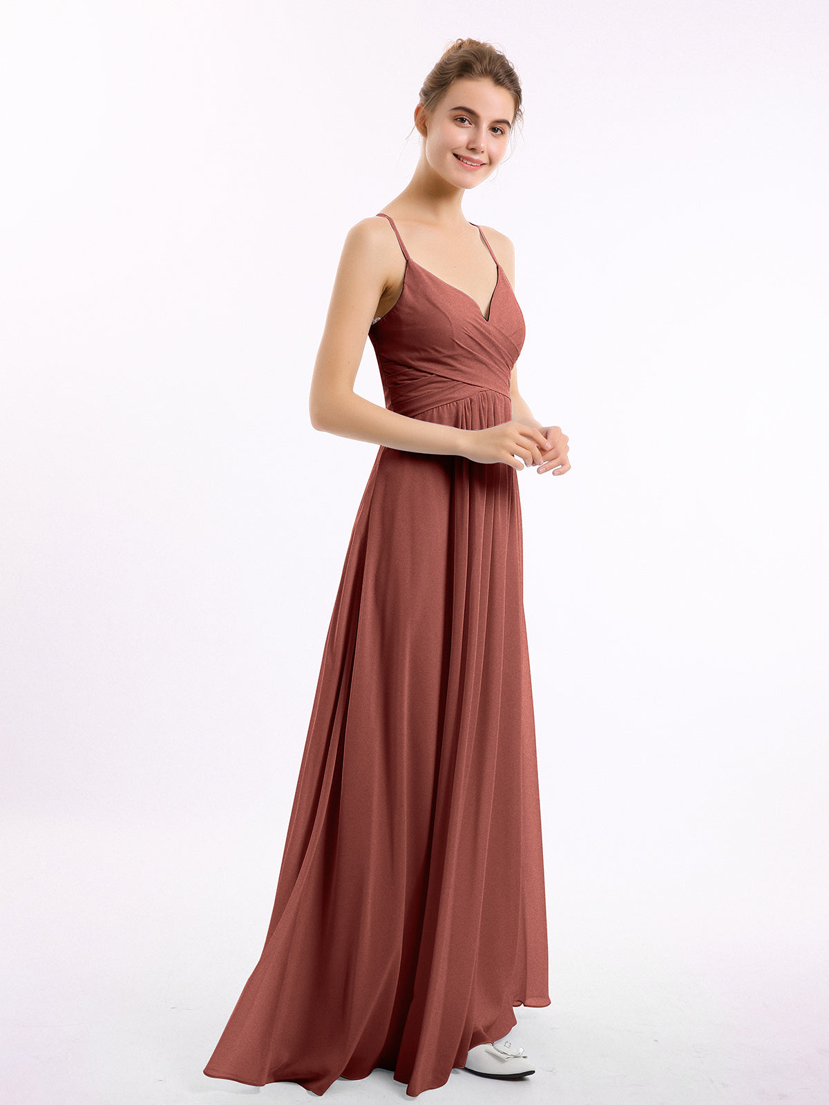 Vestidos de chiffon con tirantes finos y escote en V Terracota Tallas Grandes