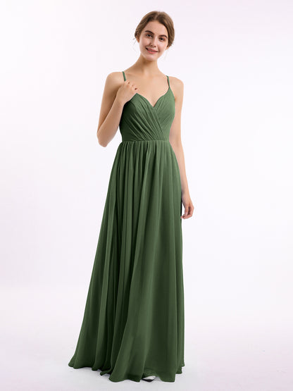 Vestidos de dama de honor de chiffon con tirantes finos y escote en V Verde Oliva Tallas Grandes