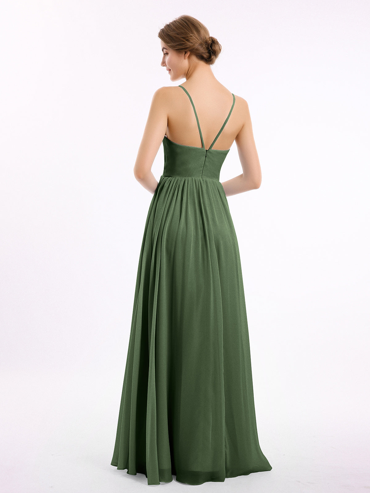 Vestidos de dama de honor de chiffon con tirantes finos y escote en V Verde Oliva Tallas Grandes