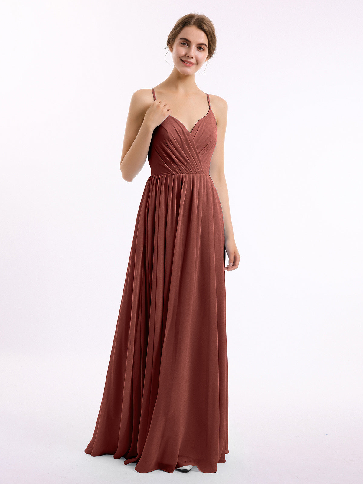 Vestidos de dama de honor de chiffon con tirantes finos y escote en V Terracota Tallas Grandes