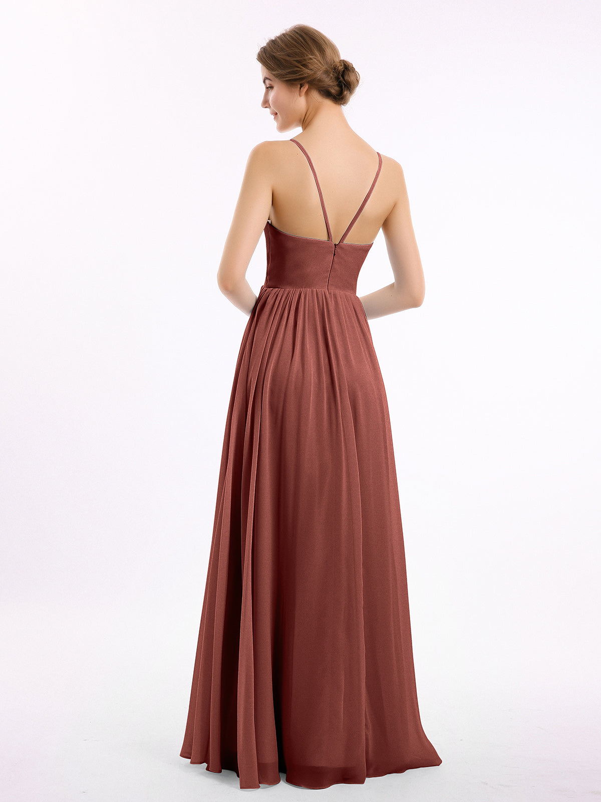 Vestidos de dama de honor de chiffon con tirantes finos y escote en V Terracota Tallas Grandes