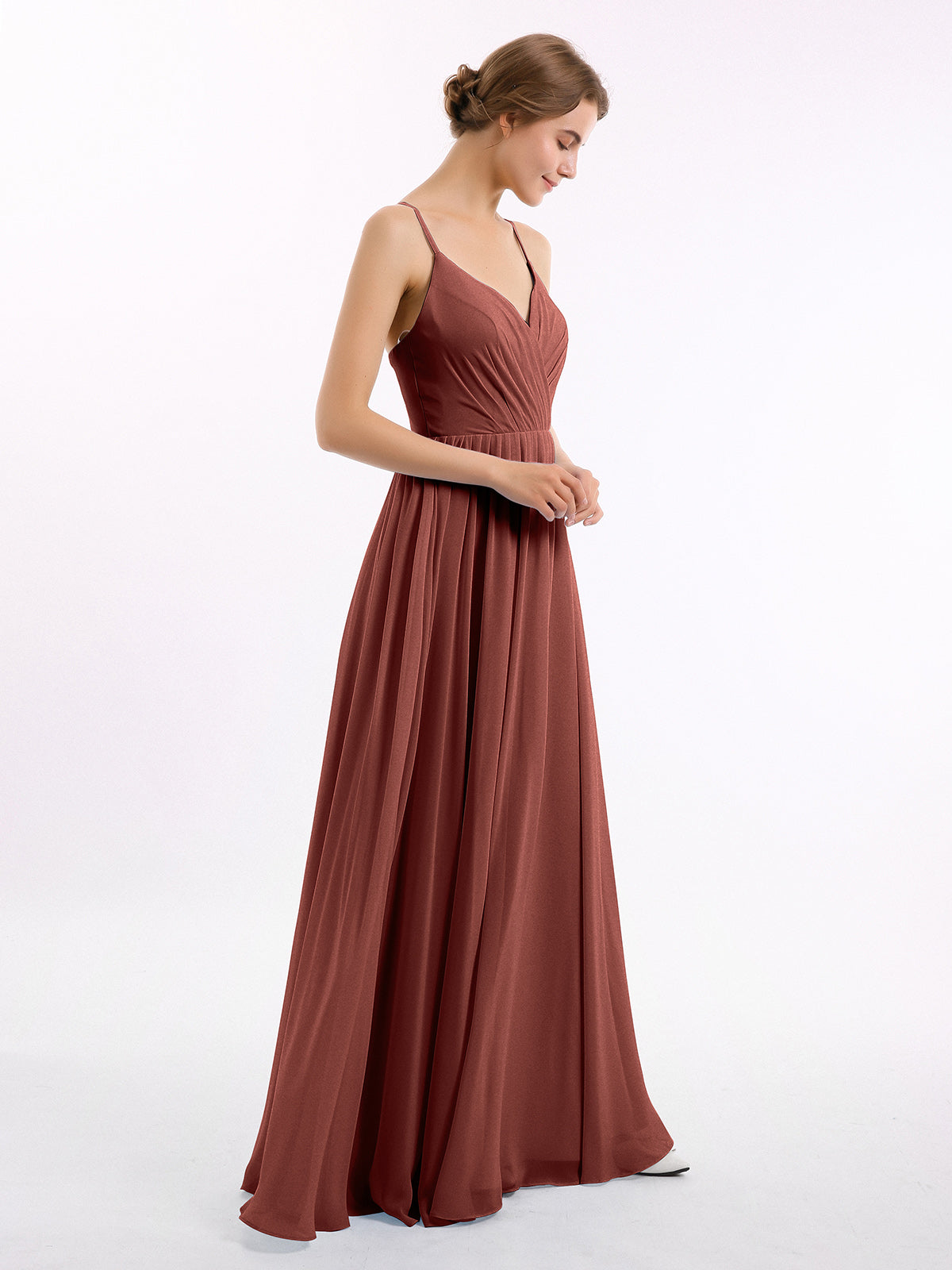 Vestidos de dama de honor de chiffon con tirantes finos y escote en V Terracota Tallas Grandes