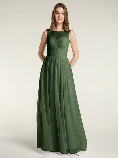 Vestidos de dama de honor de tul cruzado con escote ilusión Verde Oliva Tallas Grandes
