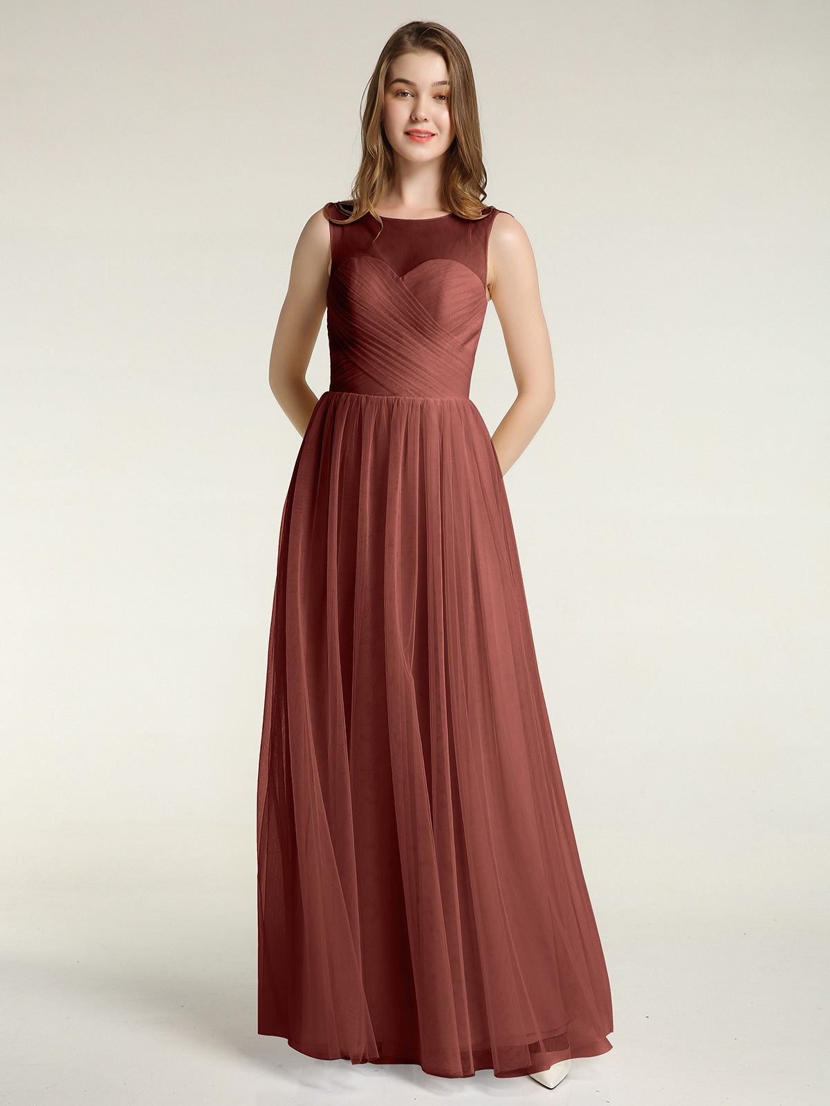 Vestidos de dama de honor de tul cruzado con escote ilusión Terracota