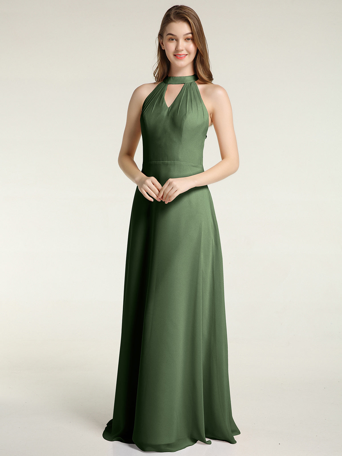 Vestidos largos de dama de honor estilo halter de chiffon con espalda baja Verde Oliva Tallas Grandes