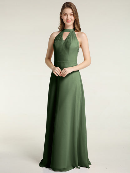 Vestidos largos de dama de honor estilo halter de chiffon con espalda baja Verde Oliva Tallas Grandes