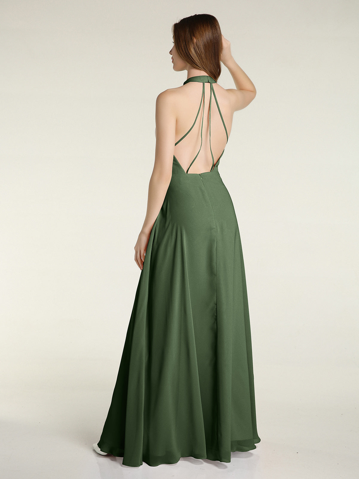 Vestidos largos de dama de honor estilo halter de chiffon con espalda baja Verde Oliva Tallas Grandes