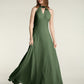 Vestidos largos de dama de honor estilo halter de chiffon con espalda baja Verde Oliva Tallas Grandes