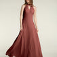 Vestidos largos de dama de honor estilo halter de chiffon con espalda baja Terracota Tallas Grandes