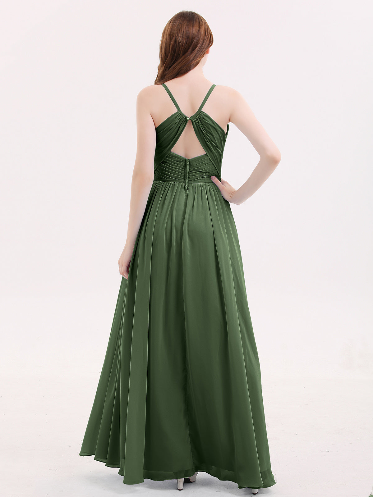 Tiffany Espalda Abierta Gasa Vestido Con Escote En V Verde Oliva Tallas Grandes