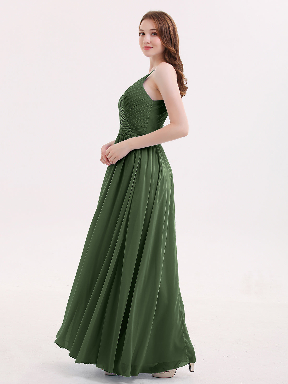 Tiffany Espalda Abierta Gasa Vestido Con Escote En V Verde Oliva Tallas Grandes