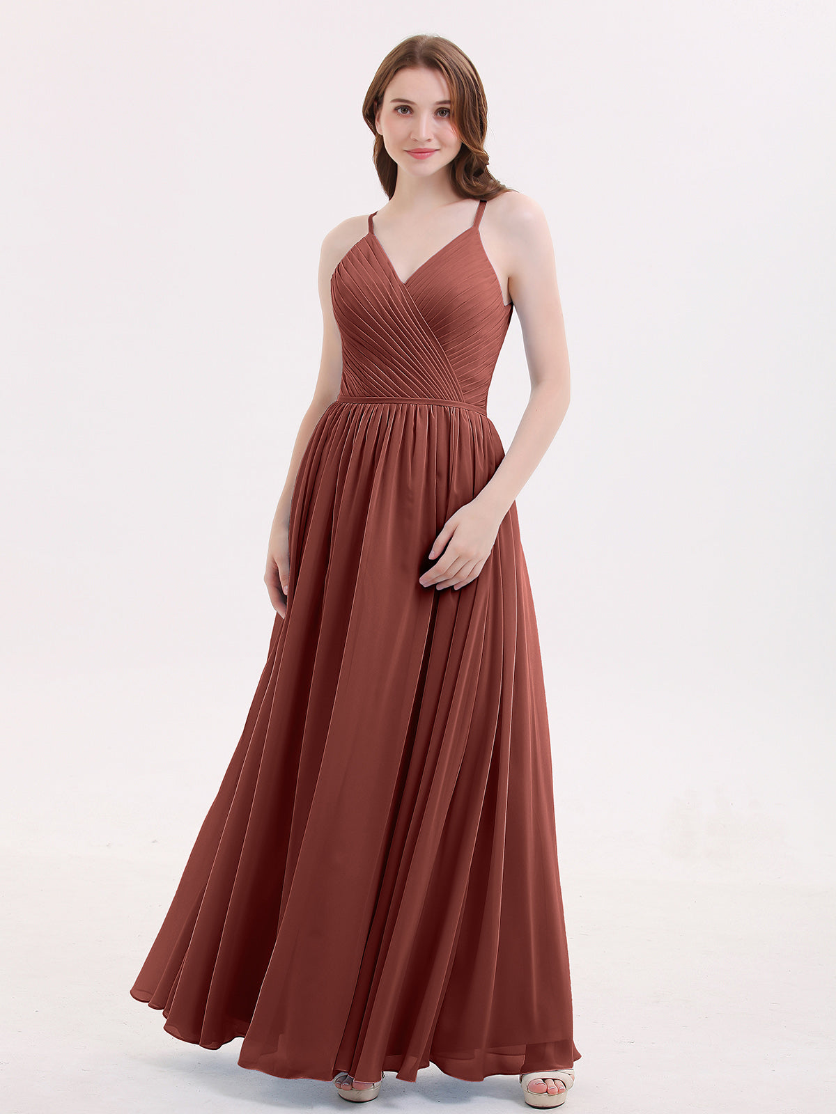 Tiffany Espalda Abierta Gasa Vestido Con Escote En V Terracota Tallas Grandes