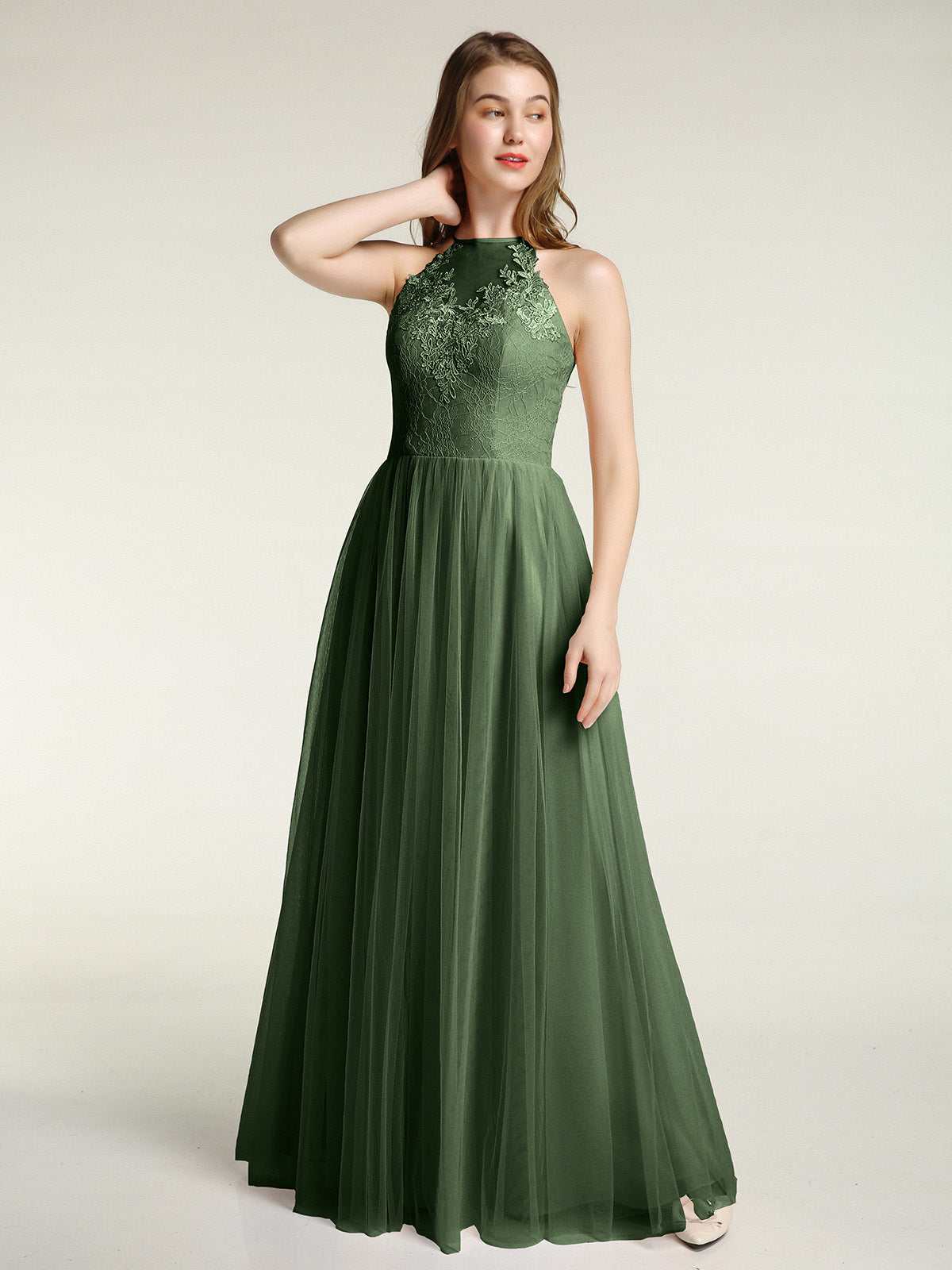 Vestidos largos con cuerpo de encaje y falda de tul Verde Oliva Tallas Grandes