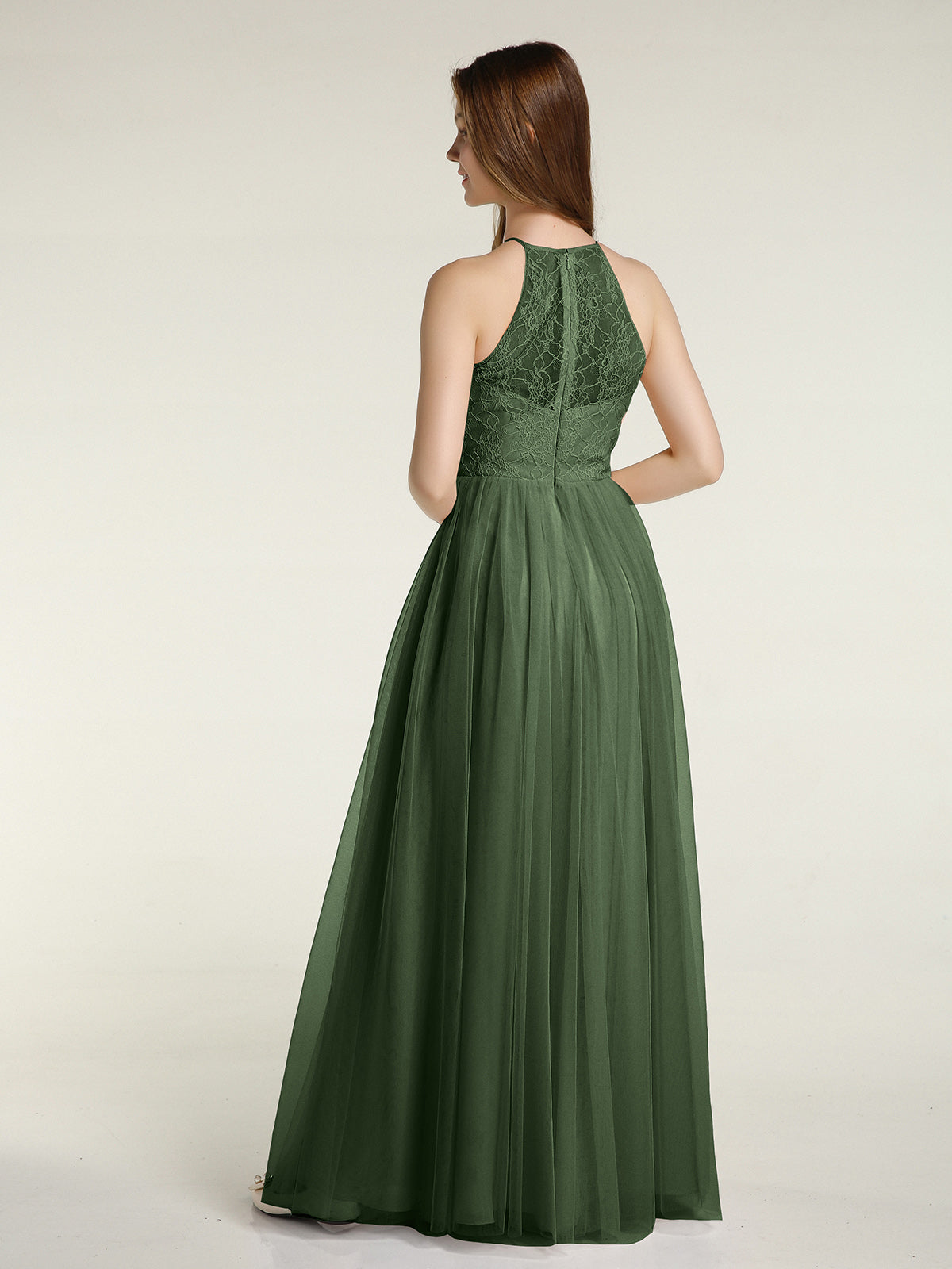 Vestidos largos con cuerpo de encaje y falda de tul Verde Oliva Tallas Grandes