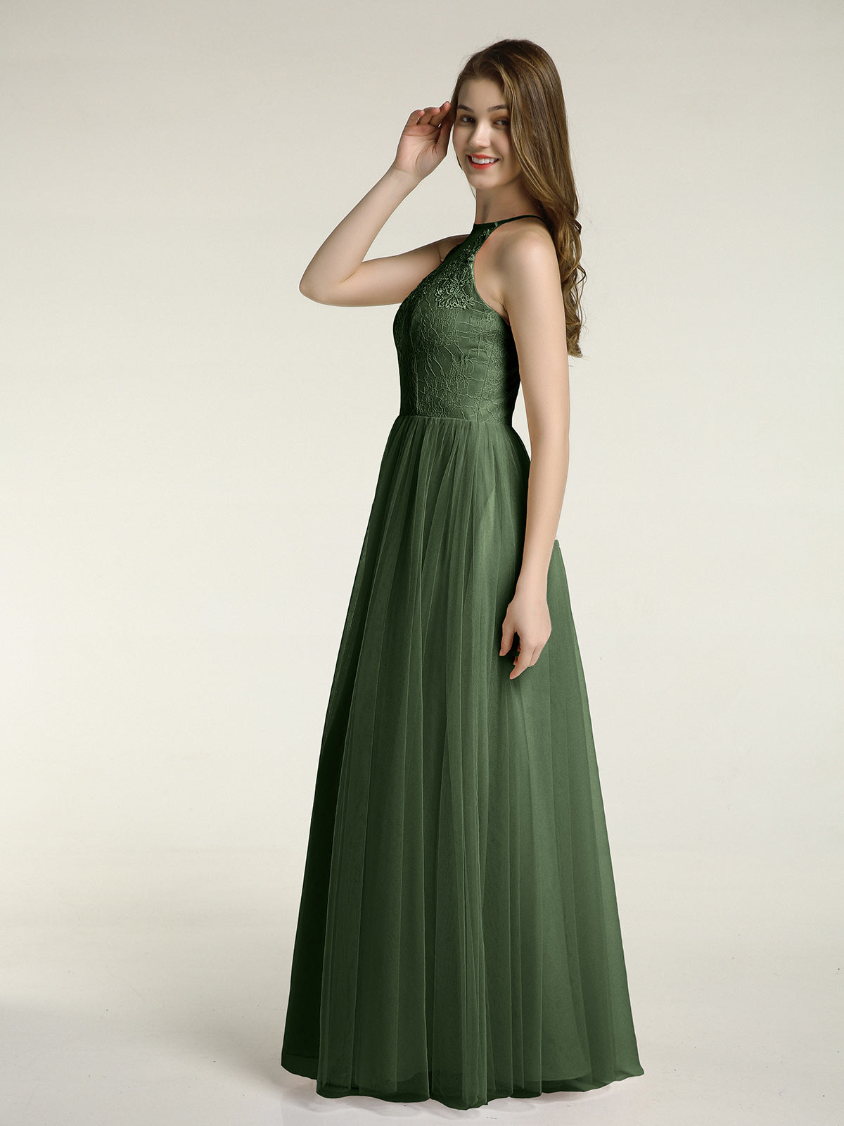 Vestidos largos con cuerpo de encaje y falda de tul Verde Oliva Tallas Grandes