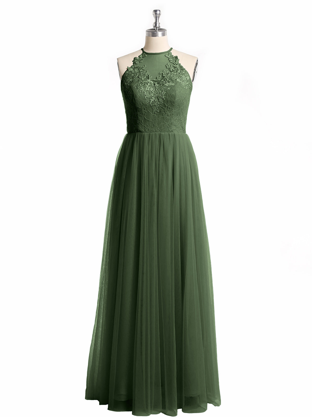 Vestidos largos con cuerpo de encaje y falda de tul Verde Oliva Tallas Grandes