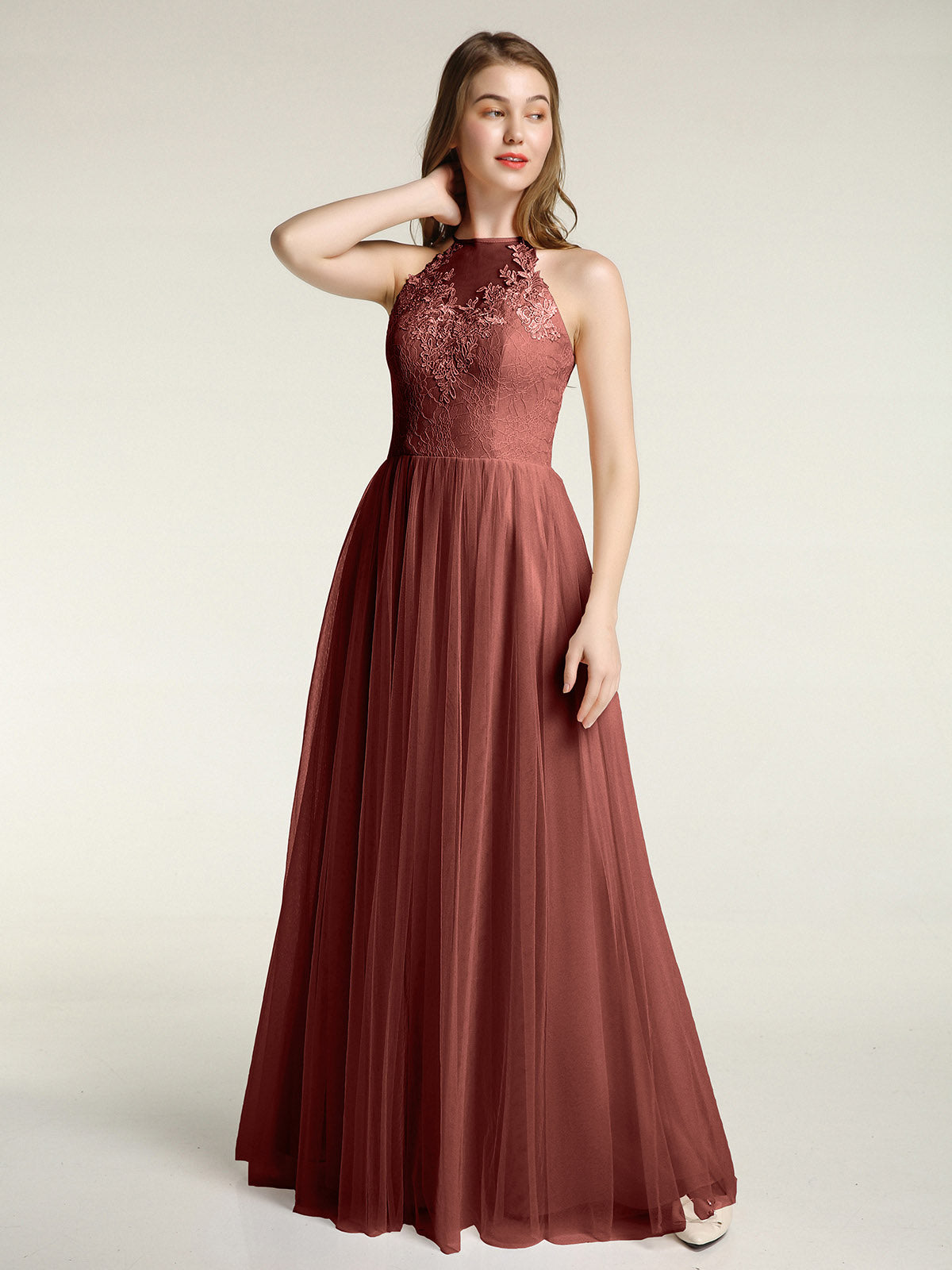 Vestidos largos con cuerpo de encaje y falda de tul Terracota