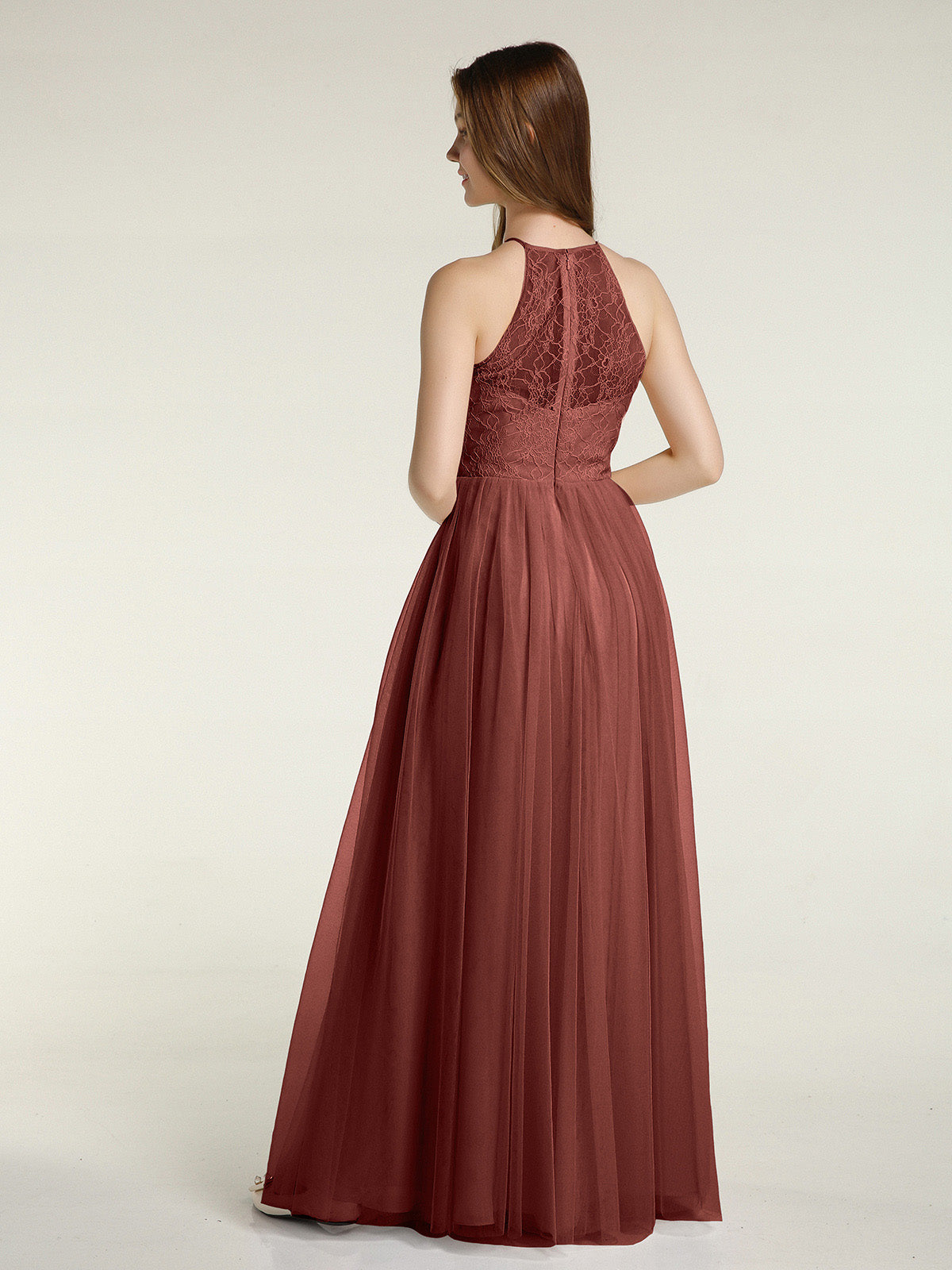 Vestidos largos con cuerpo de encaje y falda de tul Terracota