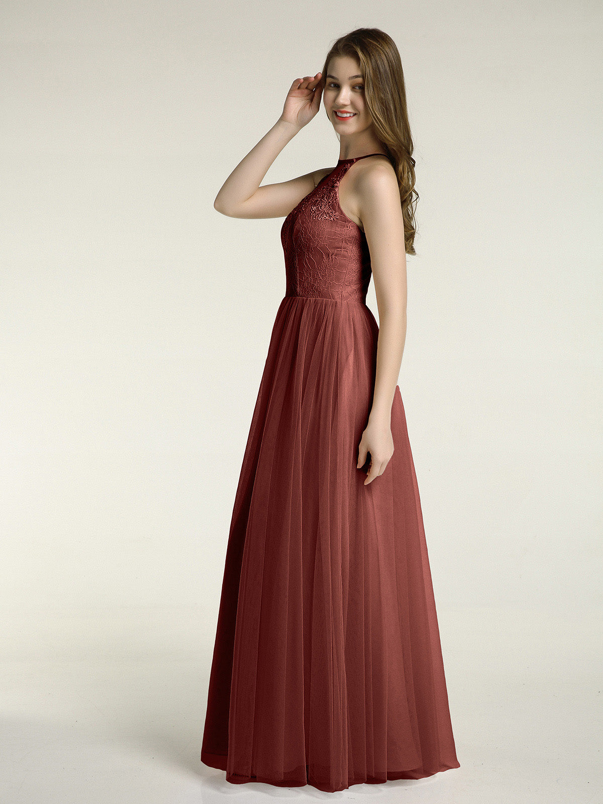 Vestidos largos con cuerpo de encaje y falda de tul Terracota Tallas Grandes