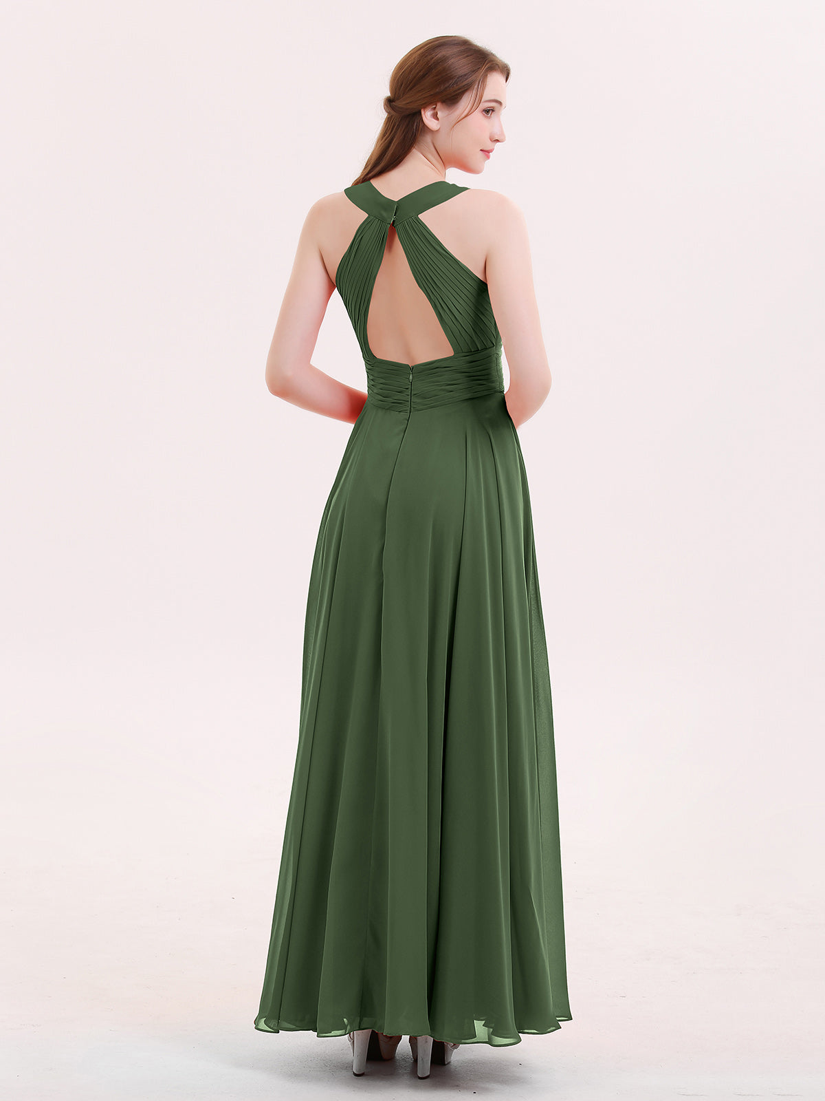 Tobey Cabestro Gasa Vestido De Dama De Honor De Espalda Abierta Verde Oliva Tallas Grandes