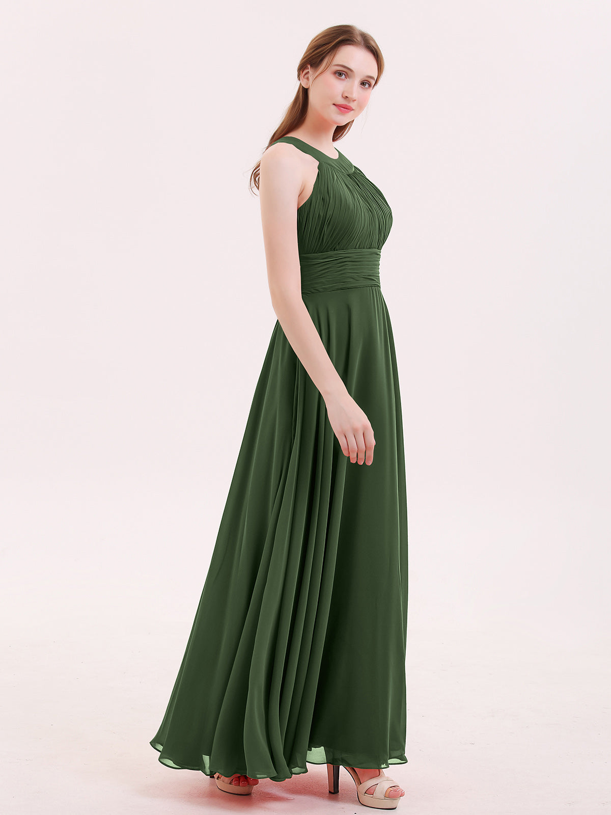 Tobey Cabestro Gasa Vestido De Dama De Honor De Espalda Abierta Verde Oliva Tallas Grandes