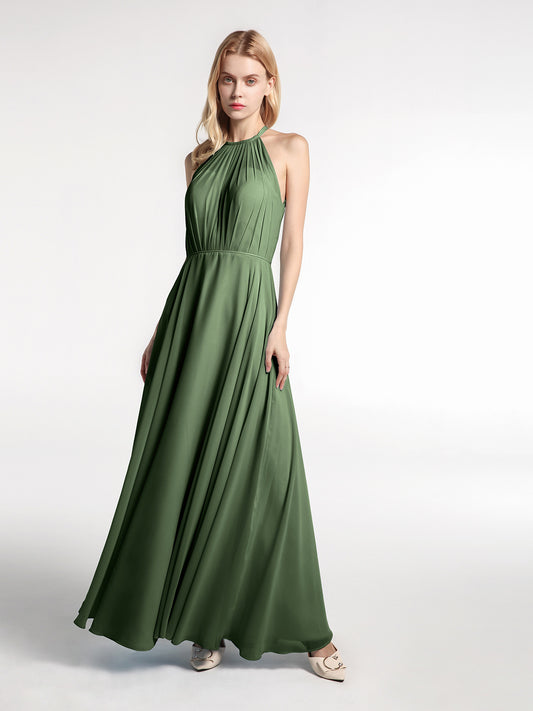 Vestido maxi de chiffon con cuello halter y falda circular Verde Oliva