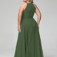 Vestido maxi de chiffon con cuello halter y falda circular Verde Oliva Tallas Grandes