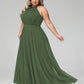 Vestido maxi de chiffon con cuello halter y falda circular Verde Oliva Tallas Grandes