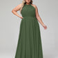 Vestido maxi de chiffon con cuello halter y falda circular Verde Oliva Tallas Grandes
